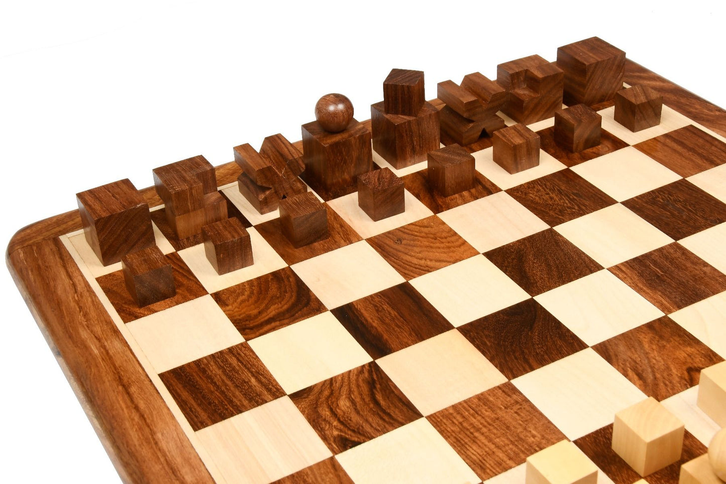 Combo of Reproduced 1924 Bauhaus Geometrical Abstract Chessmen in Sheesham and Boxwood - 1.9" King with Wooden Chess Board