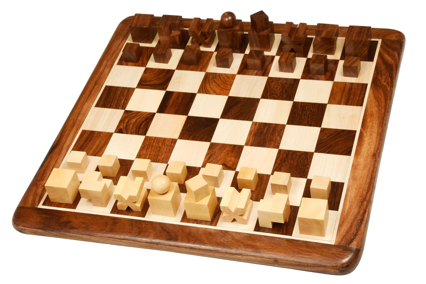 Combo of Reproduced 1924 Bauhaus Geometrical Abstract Chessmen in Sheesham and Boxwood - 1.9" King with Wooden Chess Board