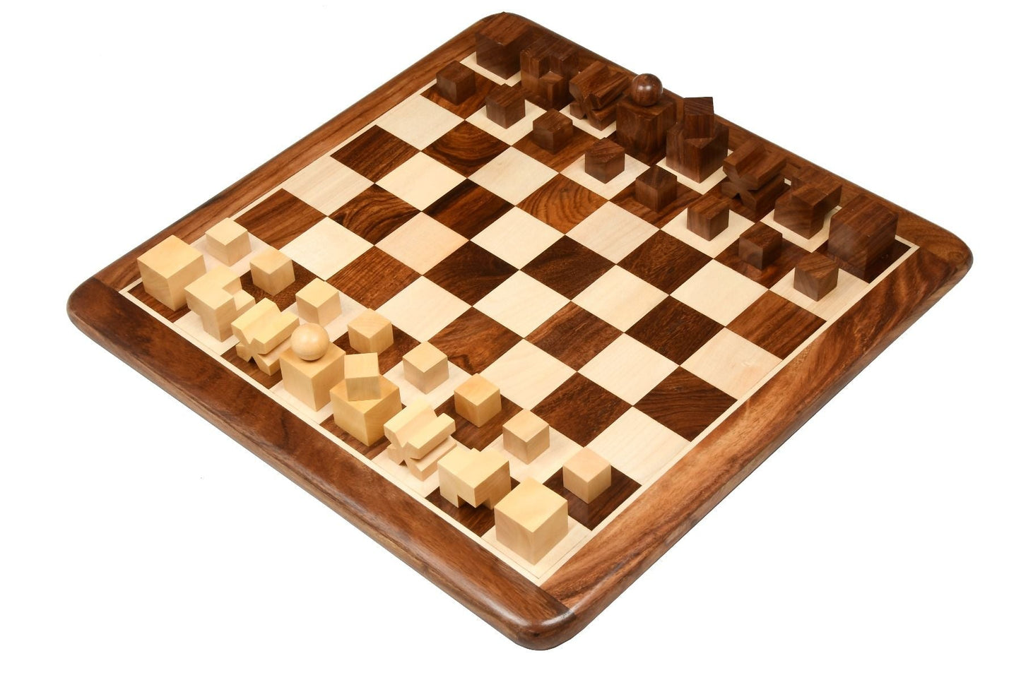 Combo of Reproduced 1924 Bauhaus Geometrical Abstract Chessmen in Sheesham and Boxwood - 1.9" King with Wooden Chess Board