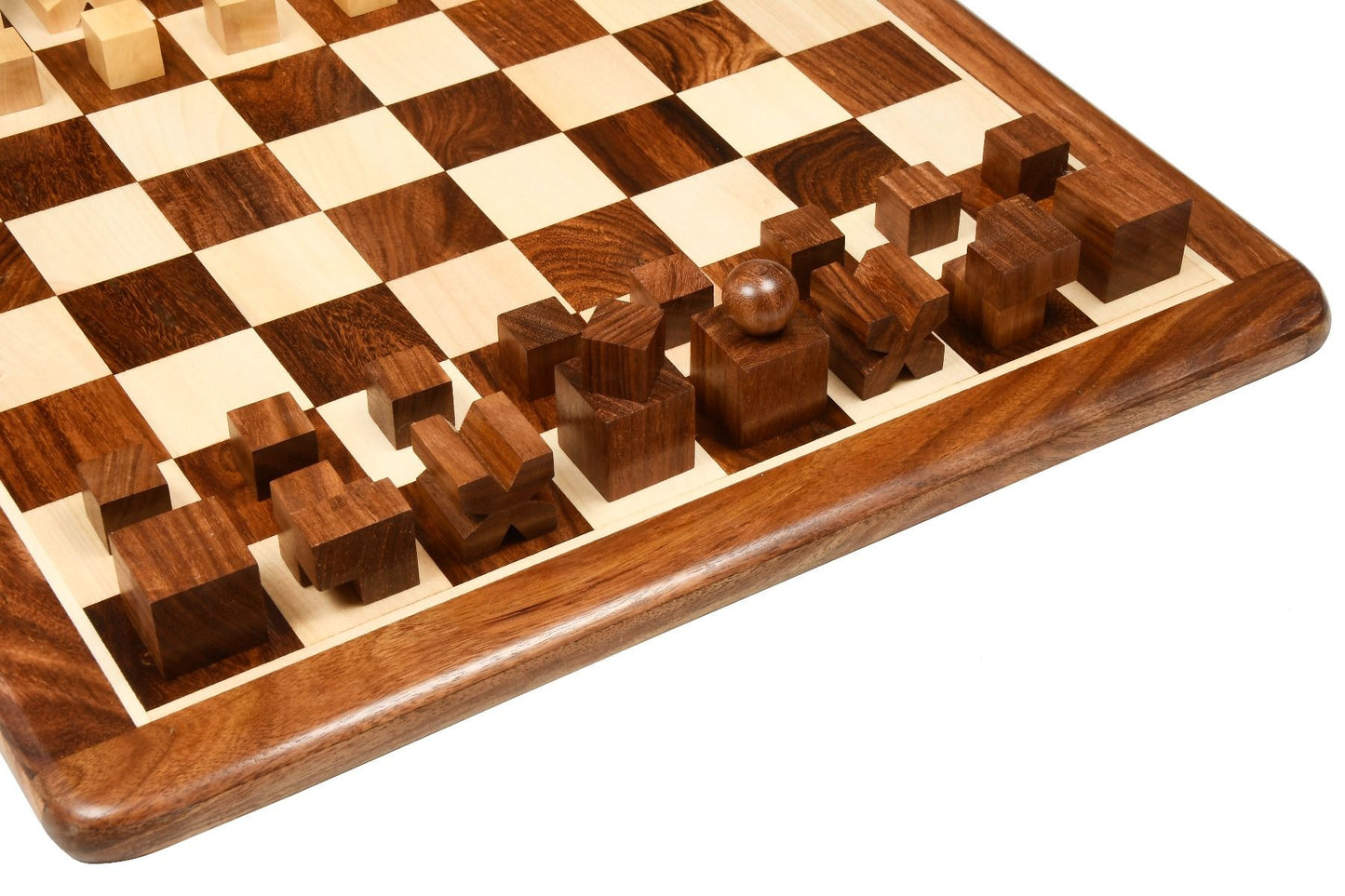 Combo of Reproduced 1924 Bauhaus Geometrical Abstract Chessmen in Sheesham and Boxwood - 1.9" King with Wooden Chess Board