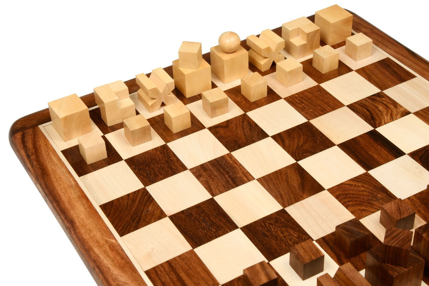 Combo of Reproduced 1924 Bauhaus Geometrical Abstract Chessmen in Sheesham and Boxwood - 1.9" King with Wooden Chess Board