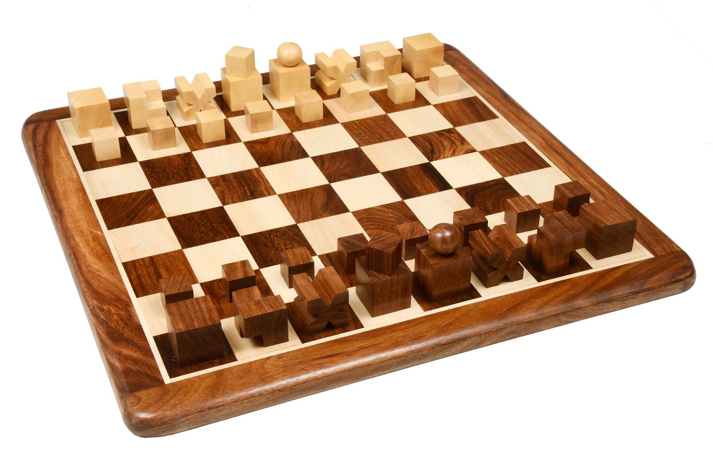 Combo of Reproduced 1924 Bauhaus Geometrical Abstract Chessmen in Sheesham and Boxwood - 1.9" King with Wooden Chess Board