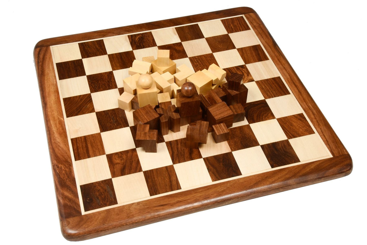 Combo of Reproduced 1924 Bauhaus Geometrical Abstract Chessmen in Sheesham and Boxwood - 1.9" King with Wooden Chess Board