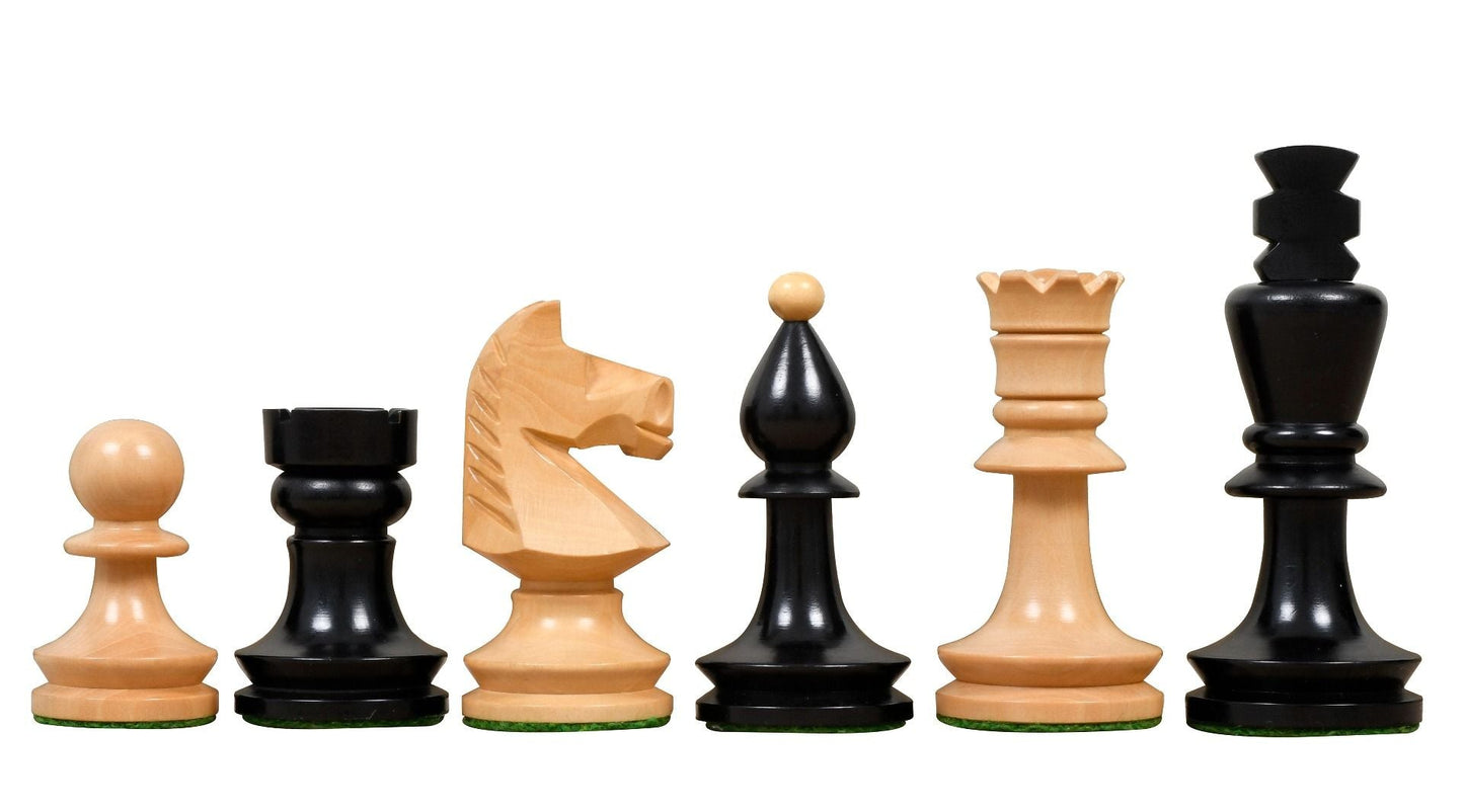 Combo of Reproduced Romanian-Hungarian National Tournament Chess Pieces in Ebonized & Natural Boxwood - 3.8" King with Wooden Chess Board