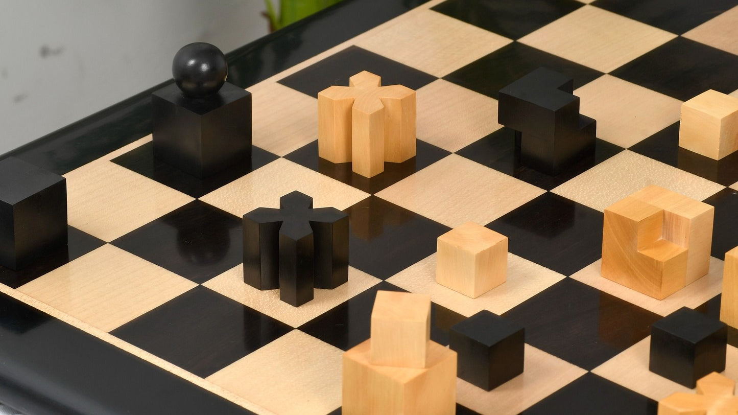 Combo of Reproduced 1924 Bauhaus Geometrical Abstract Chessmen in Ebonized Boxwood - 1.9" King with Wooden Chess Board
