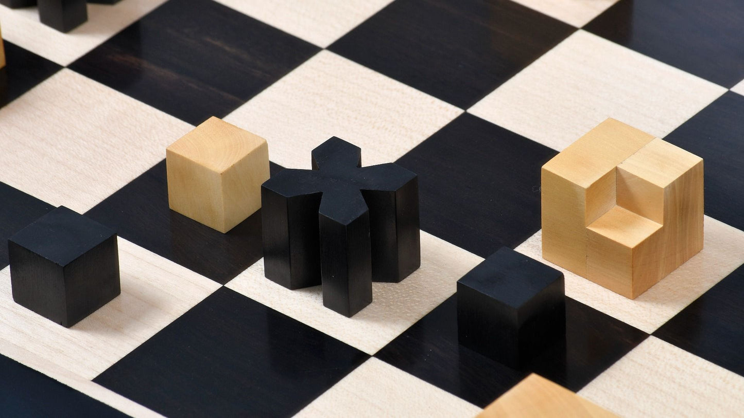 Combo of Reproduced 1924 Bauhaus Geometrical Abstract Chessmen in Ebonized Boxwood - 1.9" King with Wooden Chess Board