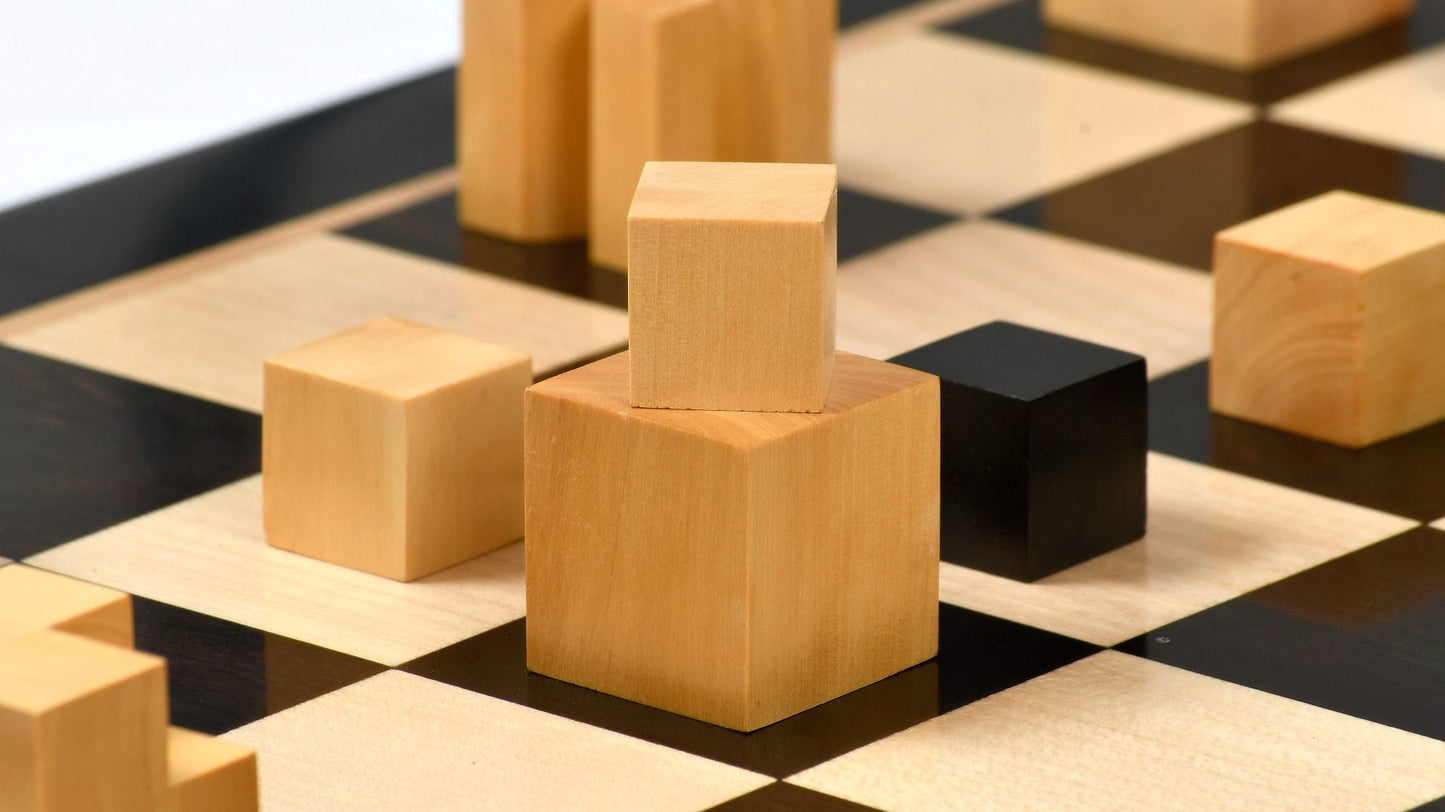 Combo of Reproduced 1924 Bauhaus Geometrical Abstract Chessmen in Ebonized Boxwood - 1.9" King with Wooden Chess Board