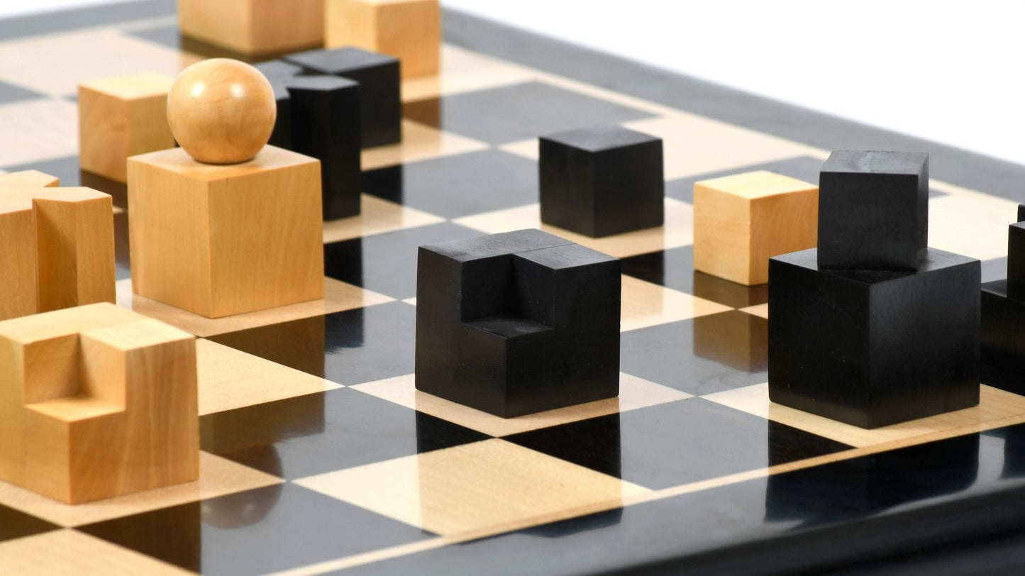 Combo of Reproduced 1924 Bauhaus Geometrical Abstract Chessmen in Ebonized Boxwood - 1.9" King with Wooden Chess Board