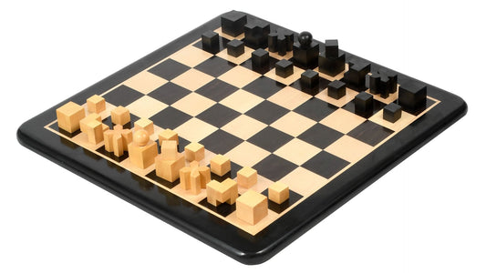 Combo of Reproduced 1924 Bauhaus Geometrical Abstract Chessmen in Ebonized Boxwood - 1.9" King with Wooden Chess Board