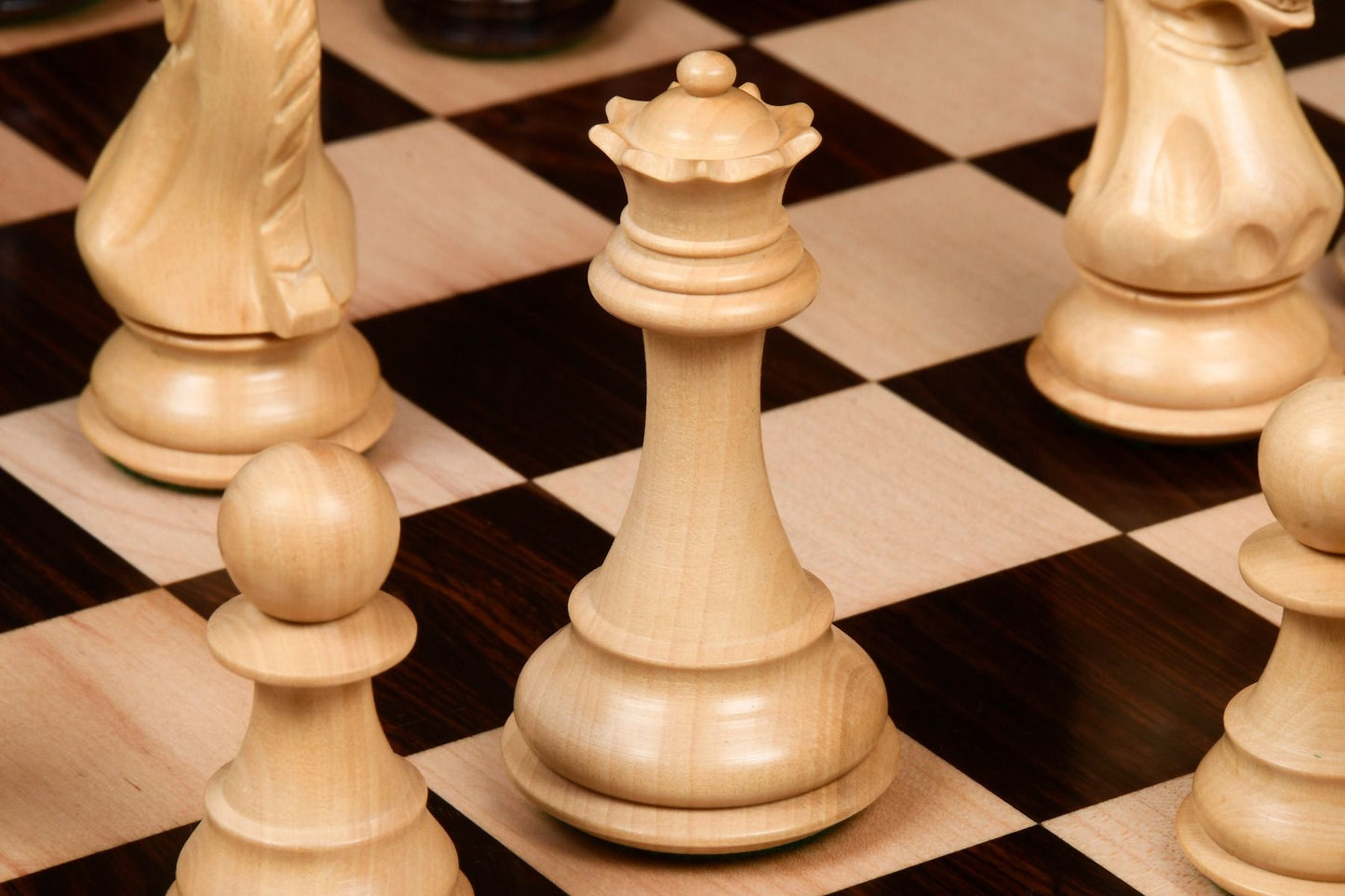 COMBO OF FIERCE KNIGHT STAUNTON SERIES CHESS PIECES IN ROSEWOOD & BOX WOOD - 4.1" KING WITH WOODEN CHESS BOARD -  21"