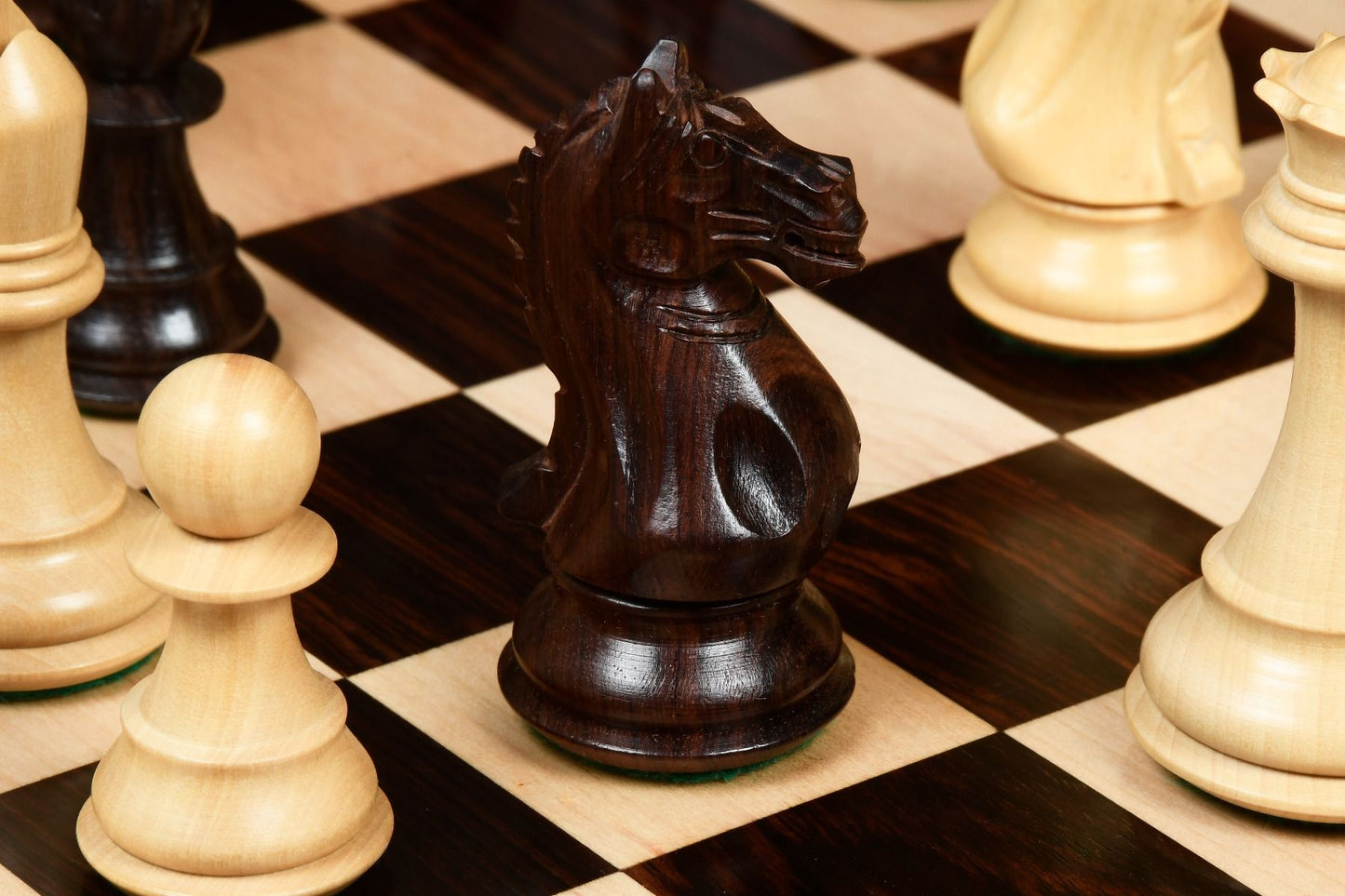 COMBO OF FIERCE KNIGHT STAUNTON SERIES CHESS PIECES IN ROSEWOOD & BOX WOOD - 4.1" KING WITH WOODEN CHESS BOARD -  21"