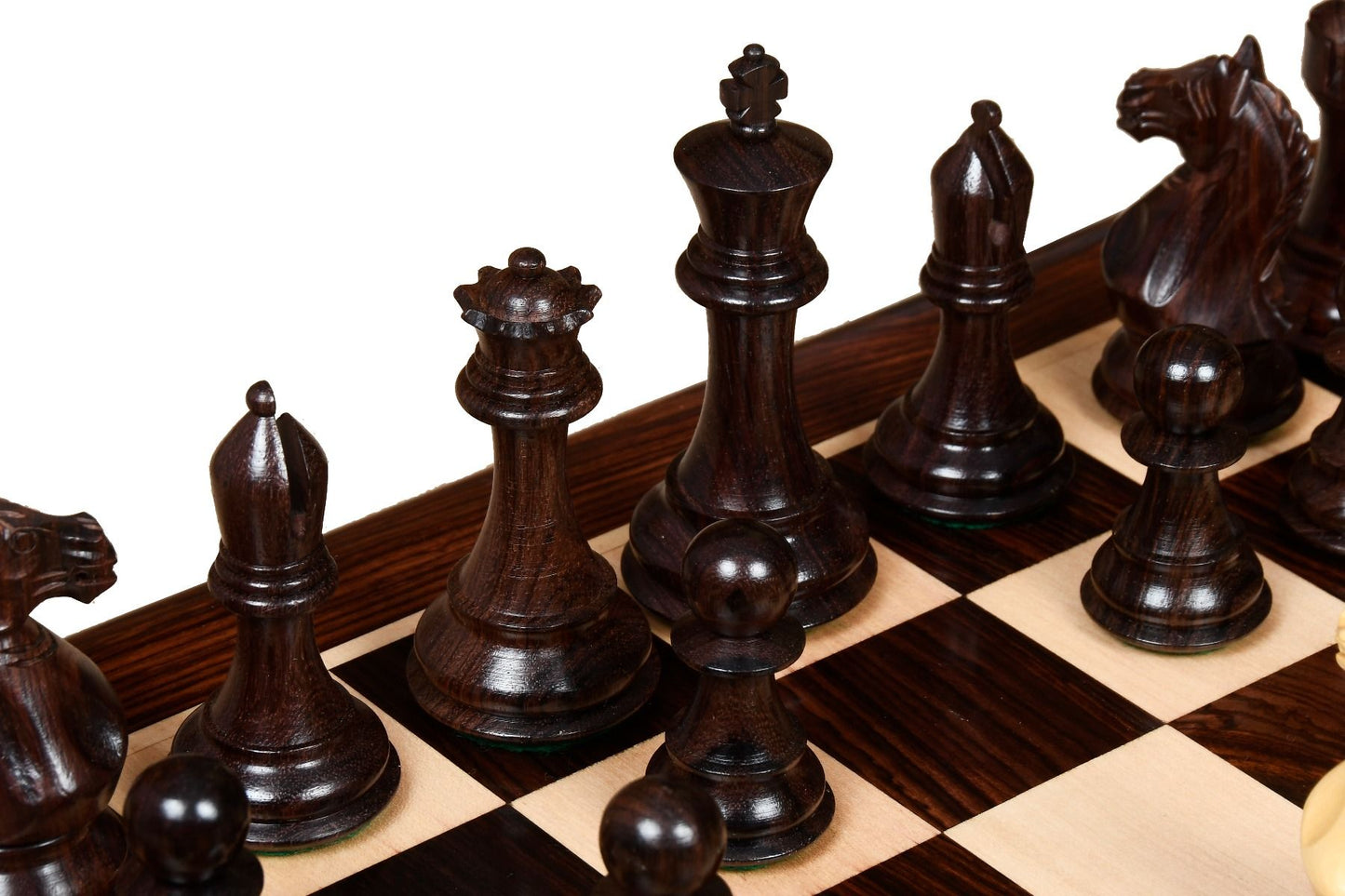 COMBO OF FIERCE KNIGHT STAUNTON SERIES CHESS PIECES IN ROSEWOOD & BOX WOOD - 4.1" KING WITH WOODEN CHESS BOARD -  21"