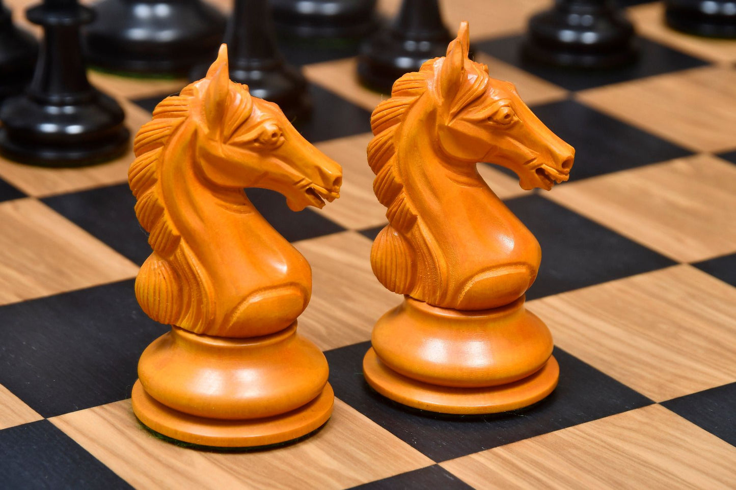 Combo of The Ancient Indian Warrior Staunton Luxury Series Chess Pieces in Ebony / Antiqued Box Wood - 4" King with Wooden Chessboard