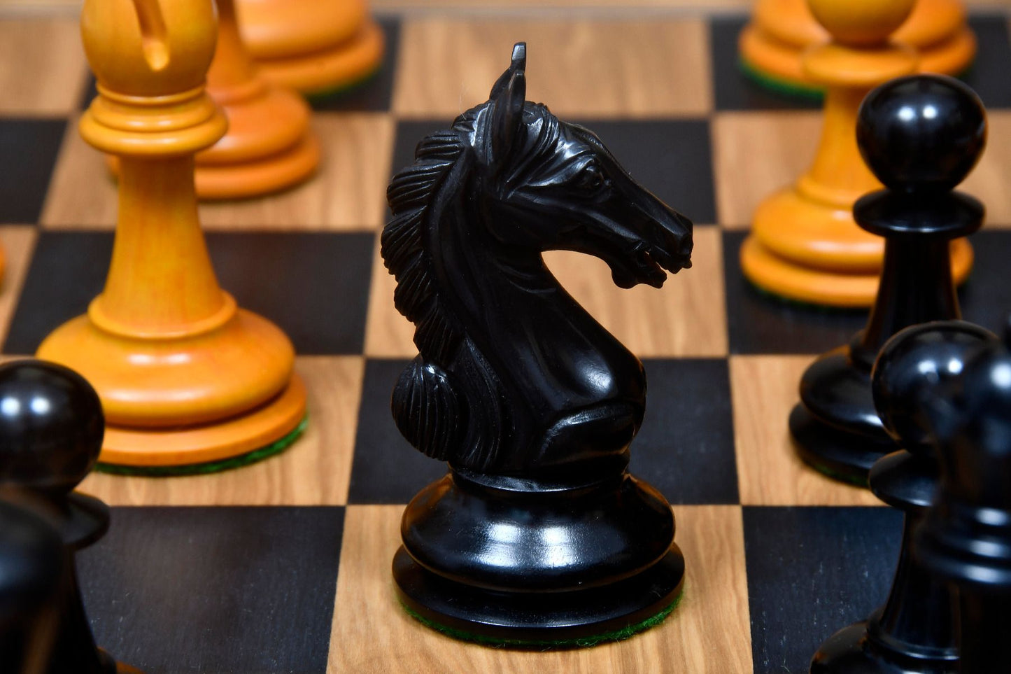 Combo of The Ancient Indian Warrior Staunton Luxury Series Chess Pieces in Ebony / Antiqued Box Wood - 4" King with Wooden Chessboard