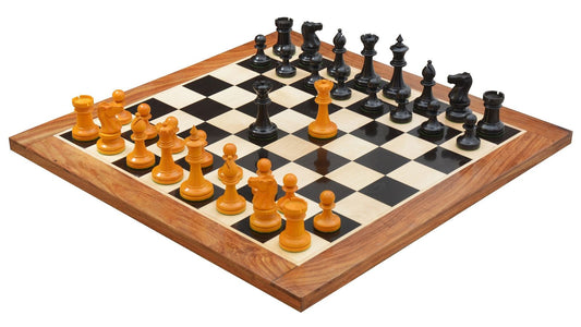 Combo of Reproduced 1904 Cambridge Springs International Congress Tournament Chess Pieces in Ebonized & Antiqued Boxwood - 4" King / Wooden Chess Board Ebony Sheesham Wood 23" - 60 mm