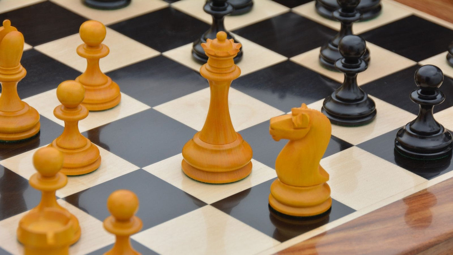 Repro B & Co 1860s Antique Chess Pieces in Ebony / Antiqued Boxwood - 4" King with Board