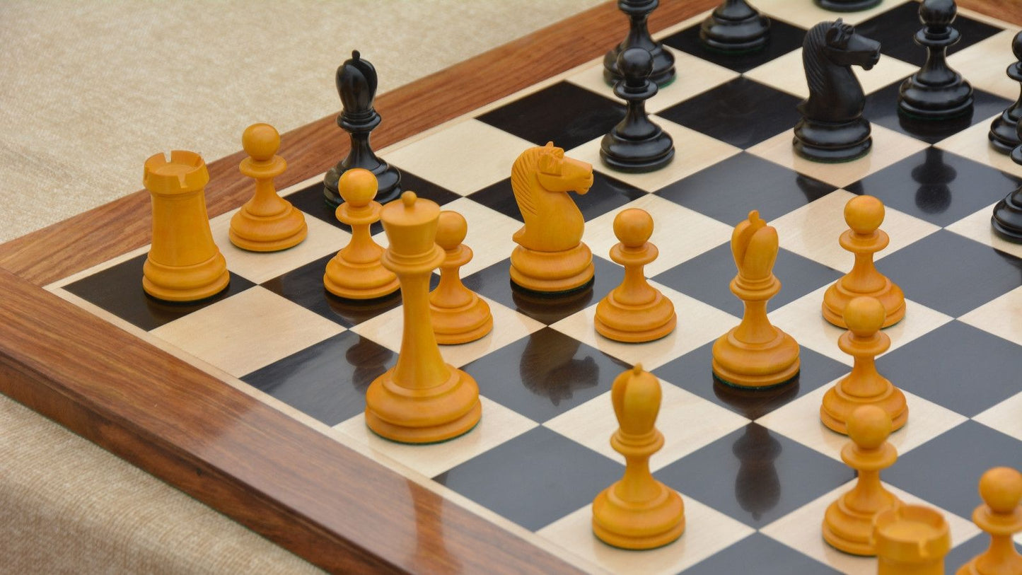 Repro B & Co 1860s Antique Chess Pieces in Ebony / Antiqued Boxwood - 4" King with Board