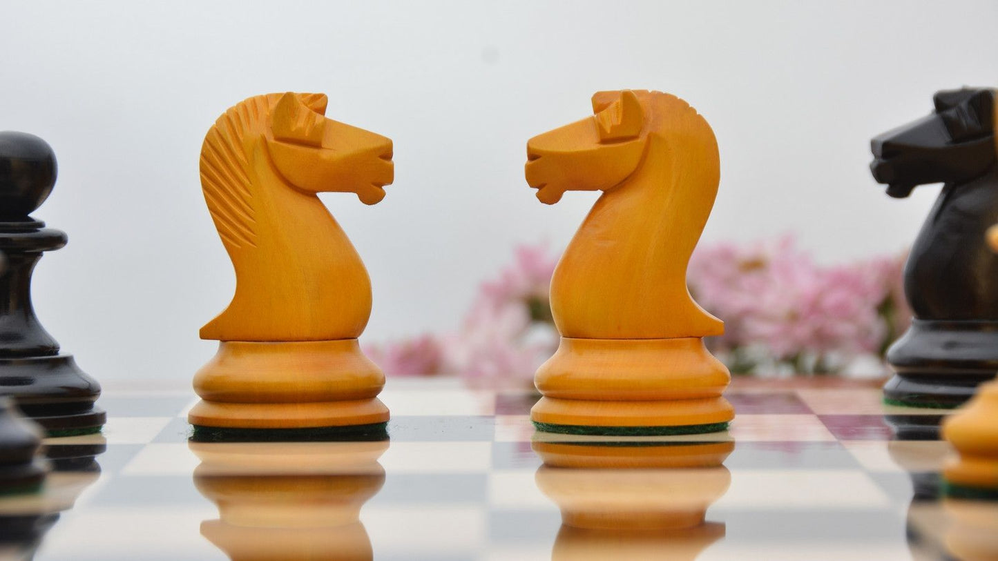 Repro B & Co 1860s Antique Chess Pieces in Ebony / Antiqued Boxwood - 4" King with Board