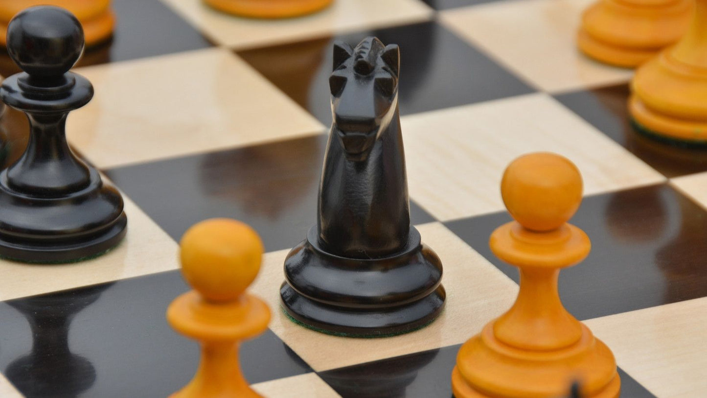 Repro B & Co 1860s Antique Chess Pieces in Ebony / Antiqued Boxwood - 4" King with Board