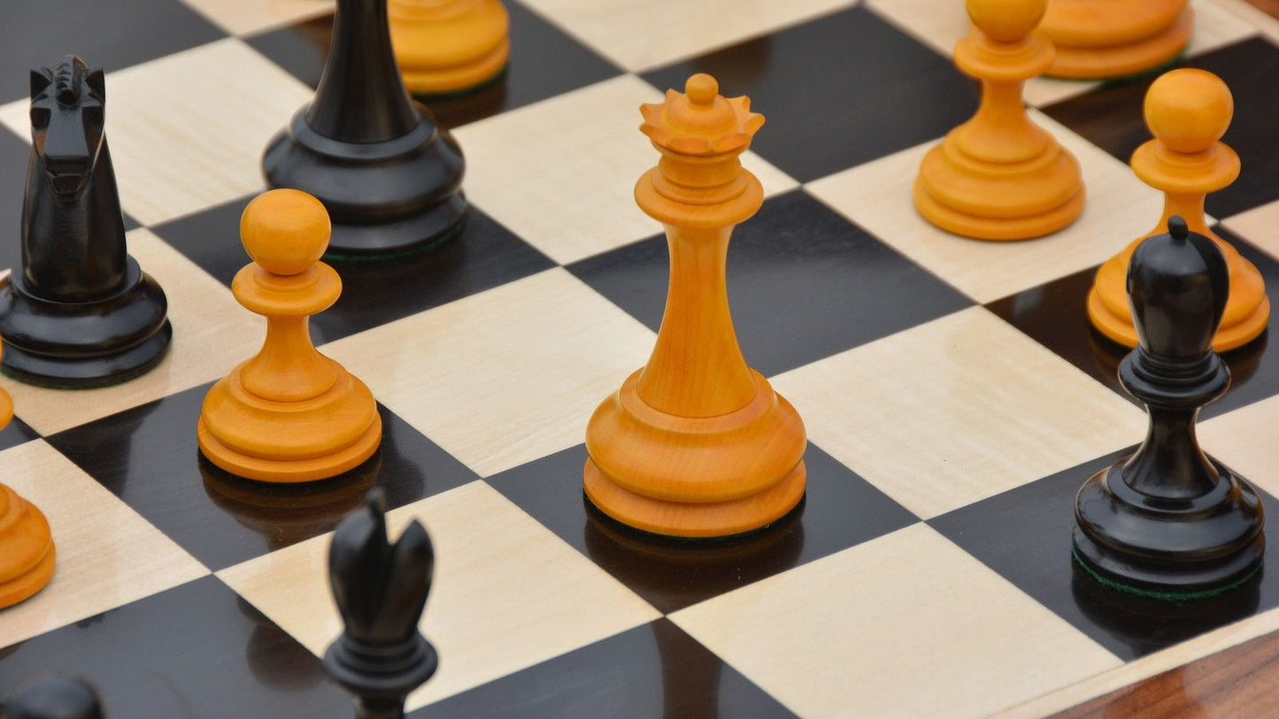 Repro B & Co 1860s Antique Chess Pieces in Ebony / Antiqued Boxwood - 4" King with Board