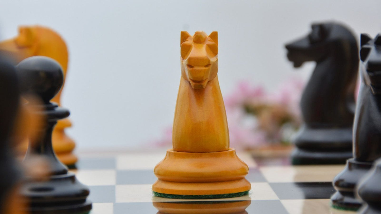 Repro B & Co 1860s Antique Chess Pieces in Ebony / Antiqued Boxwood - 4" King with Board