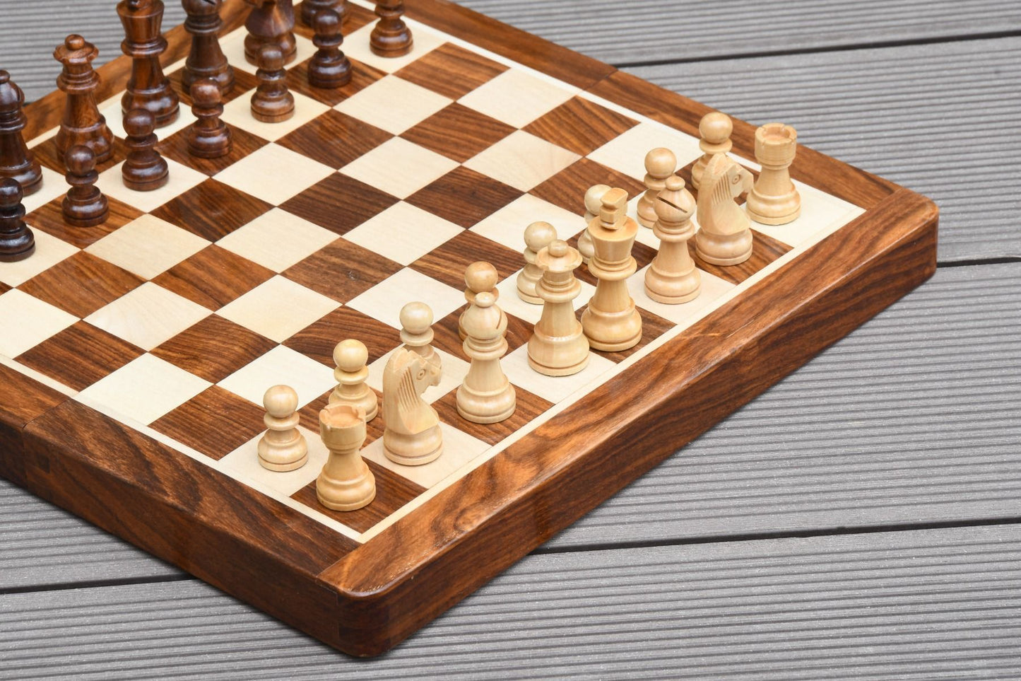12" portable size chess pieces in Sheesham & Maple